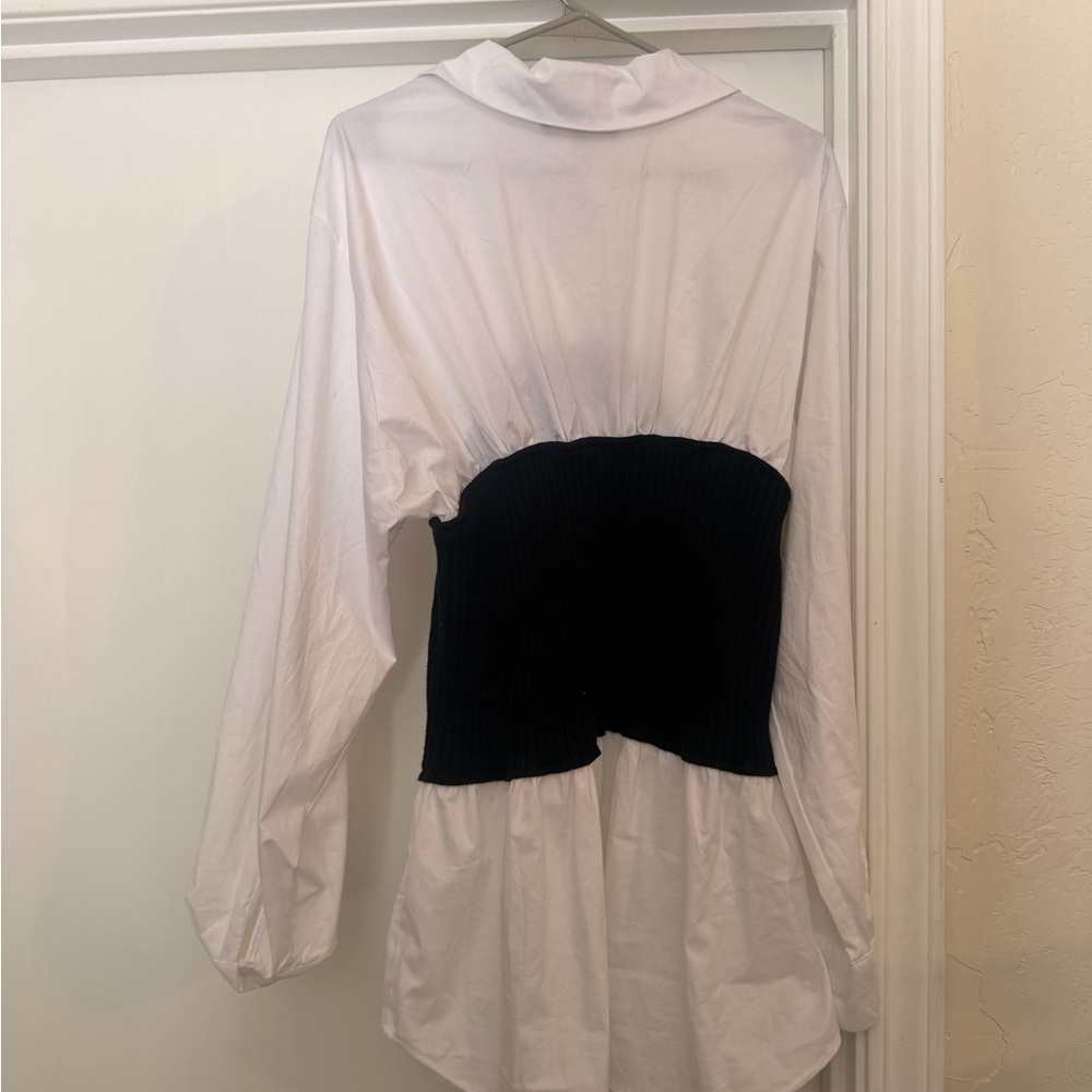 Eloquii White Button-Down Shirt with Black Ribbed Bustier Overlay - Picture 3 of 3